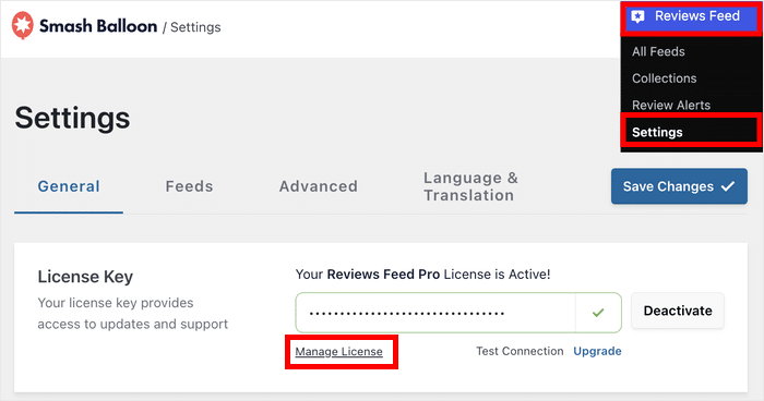 open settings page of reviews feed plugin and click on manage license