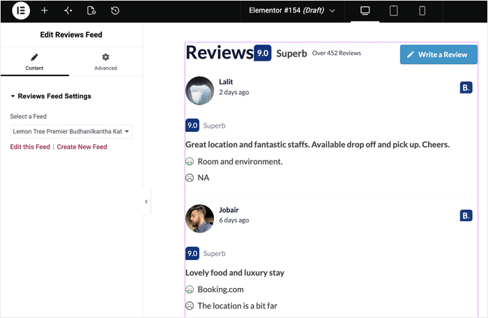 reviews feed preview on elementor page builder