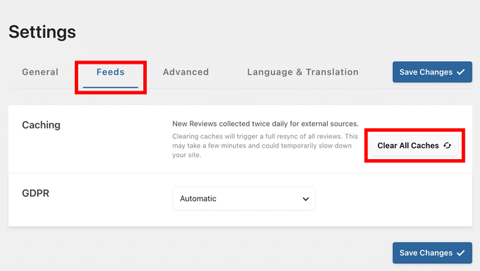clear cache for your reviews feed pro plugin