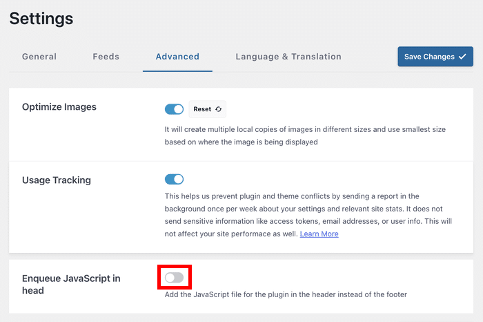 reviews feed pro option to enable enqueue javascript in the header