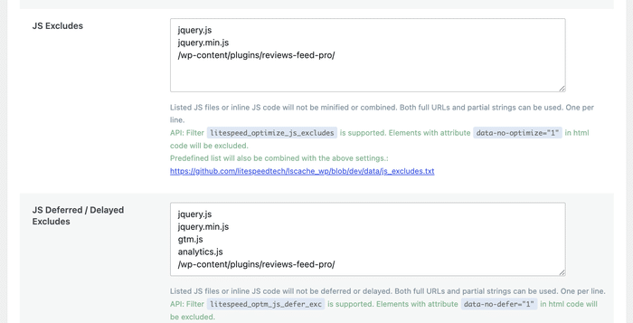 add exceptions for reviews feed pro to the litespeed cache plugin