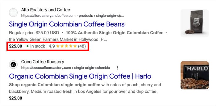 product page in google serp with review schema