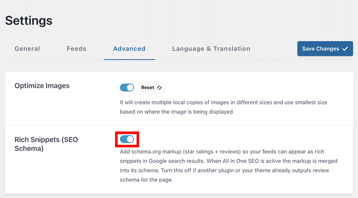 rich snippets toggle option in the settings menu of reviews feed pro