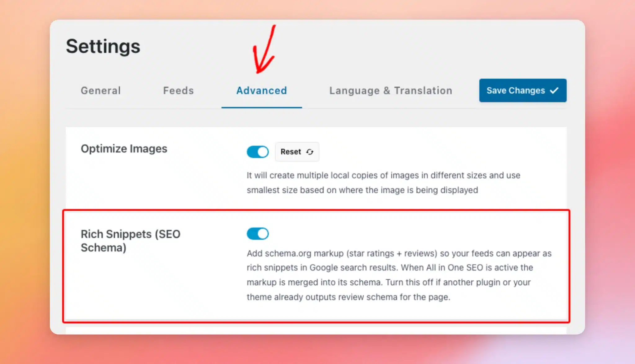 La scheda "Avanzate" delle impostazioni del feed delle recensioni, con l'opzione "Schema SEO per rich snippet" attivata ed evidenziata