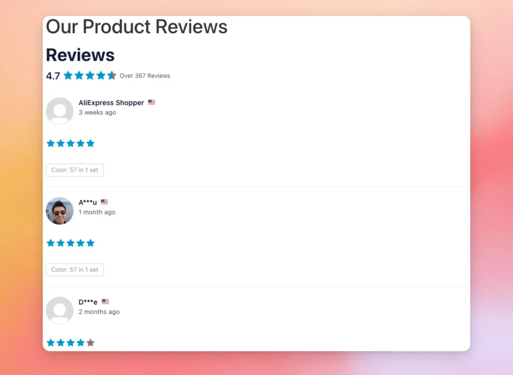 Una pagina che mostra un feed di recensioni con la valutazione media e il numero di recensioni, che appare invariata nonostante la presenza del markup dello schema