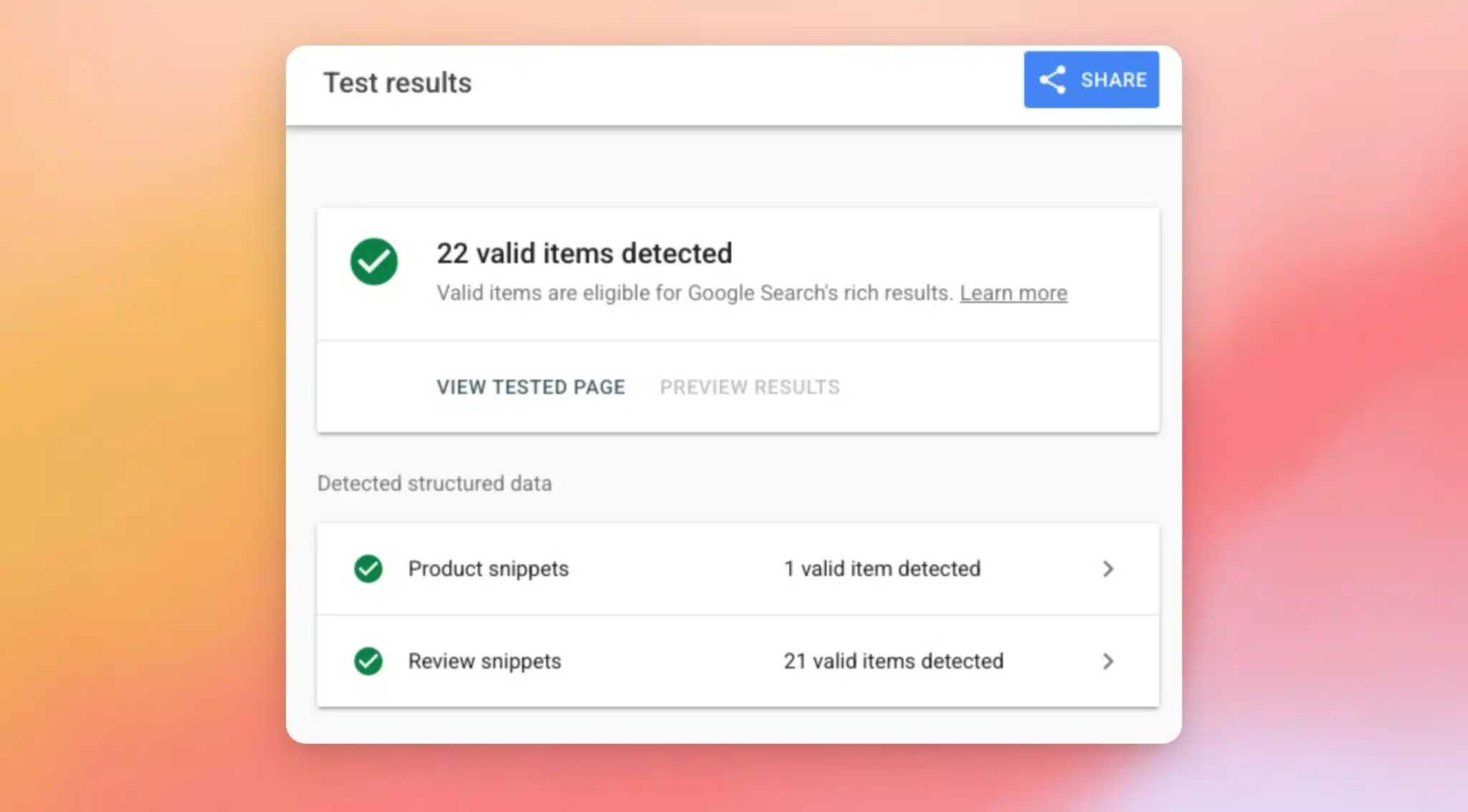I risultati del Rich Results Test indicano che sono stati rilevati 22 elementi validi, con snippet di prodotto e snippet di recensioni elencati nella sezione "dati strutturati rilevati"