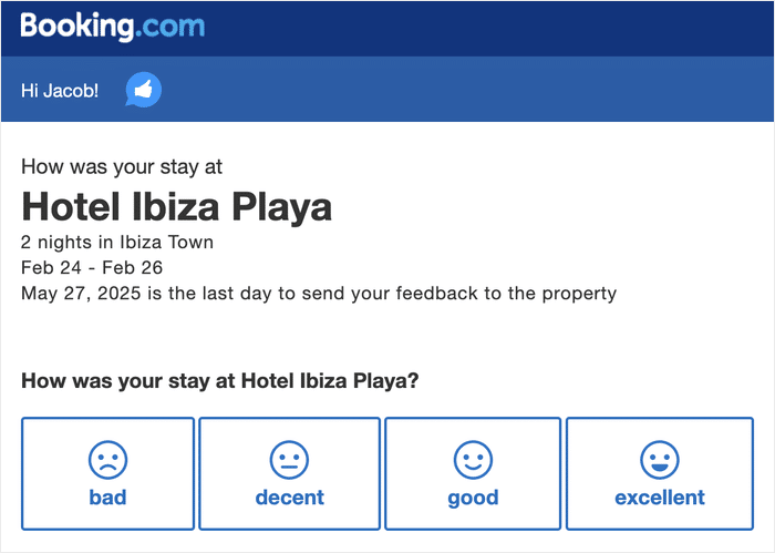 example of a review invite by booking.com