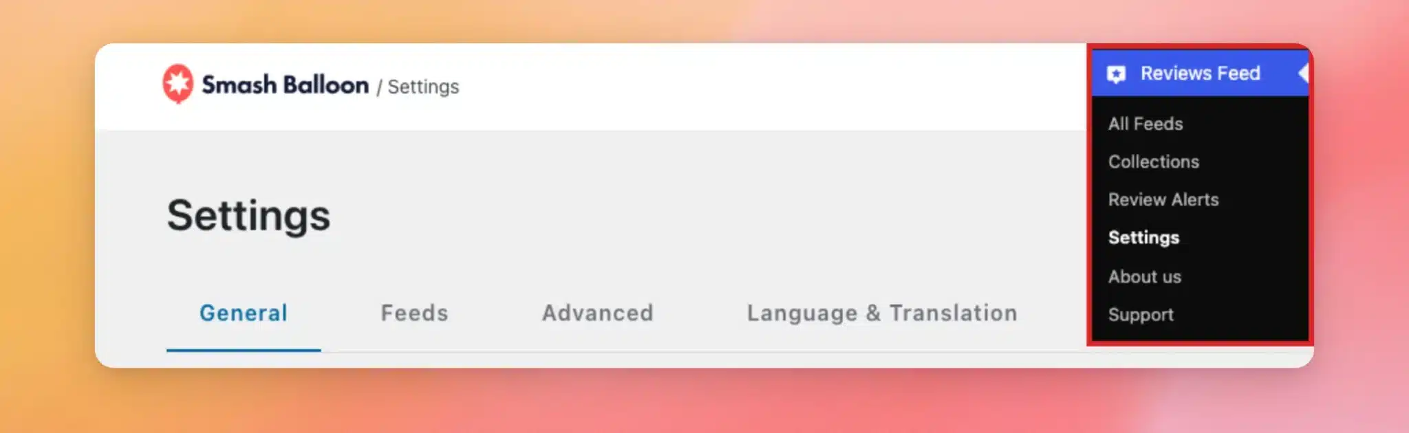 El menú de administración de WordPress con la opción «Feed de reseñas» y, a continuación, «Configuración» seleccionadas, en el que se muestra la página de configuración del complemento