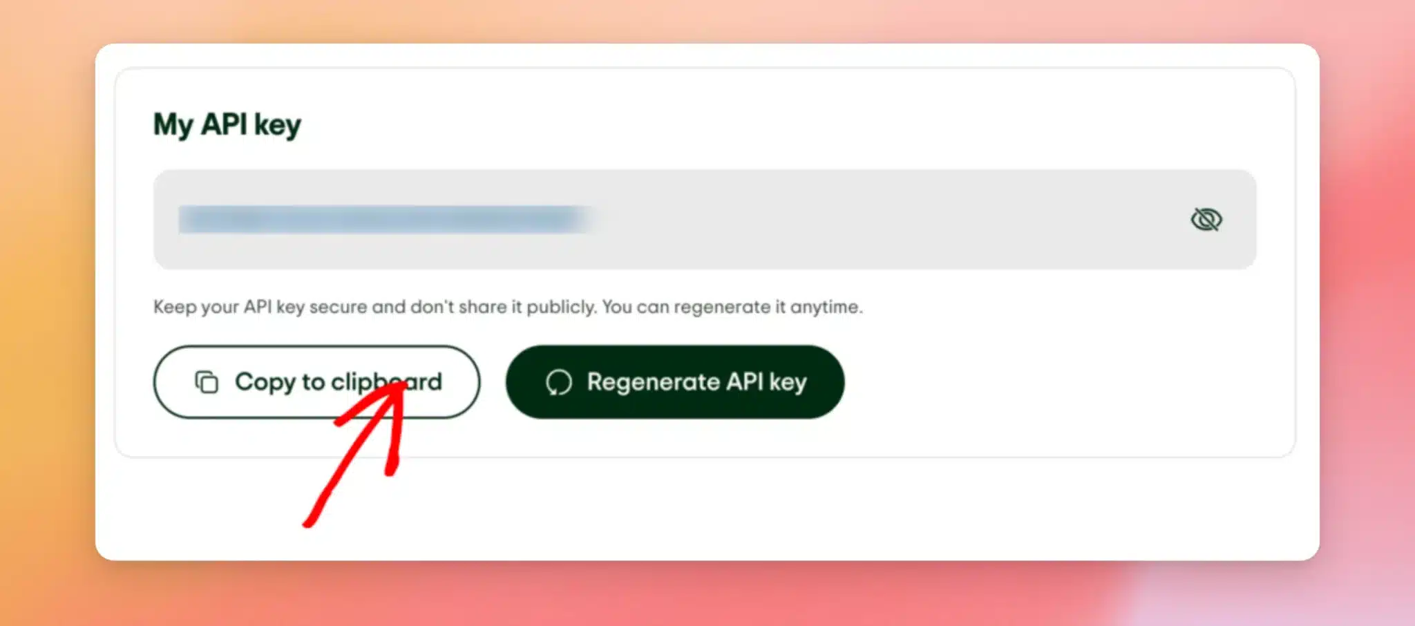 La ficha «Mi clave API» en el panel de control de Terra, con el valor de la clave oculto y una flecha que señala el botón «Copiar al portapapeles».