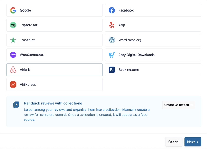 Add Source modal with the Airbnb tile - Smash Balloon Add Source modal with the Airbnb tile
