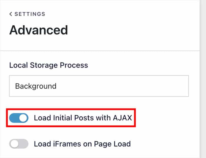 Wählen Sie die Option zum Laden der ersten Beiträge per AJAX aus.