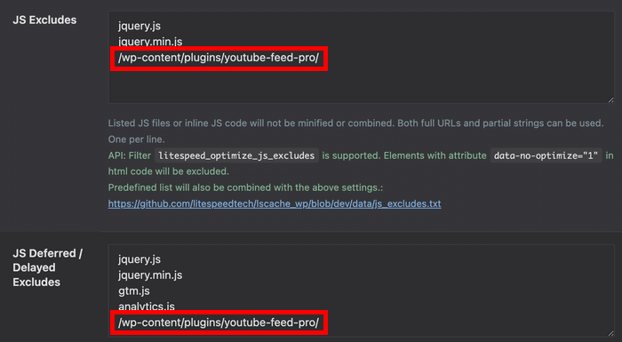 Füge in deinem Cache-Plugin Ausnahmen für „YouTube Feed Pro“ hinzu