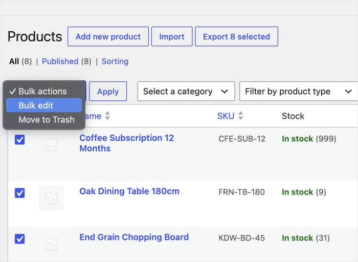 bulk edit your products in woocommerce