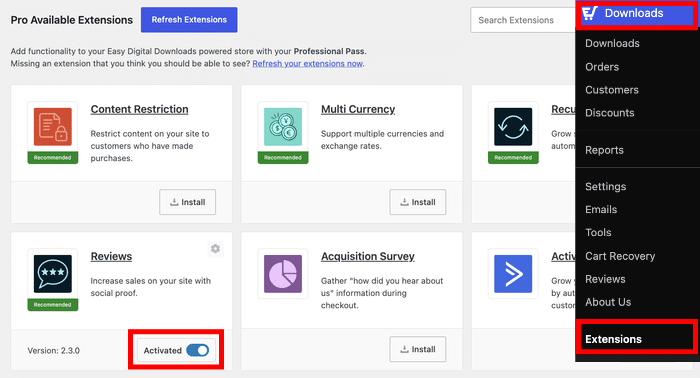 activate the reviews extension for easy digital downloads