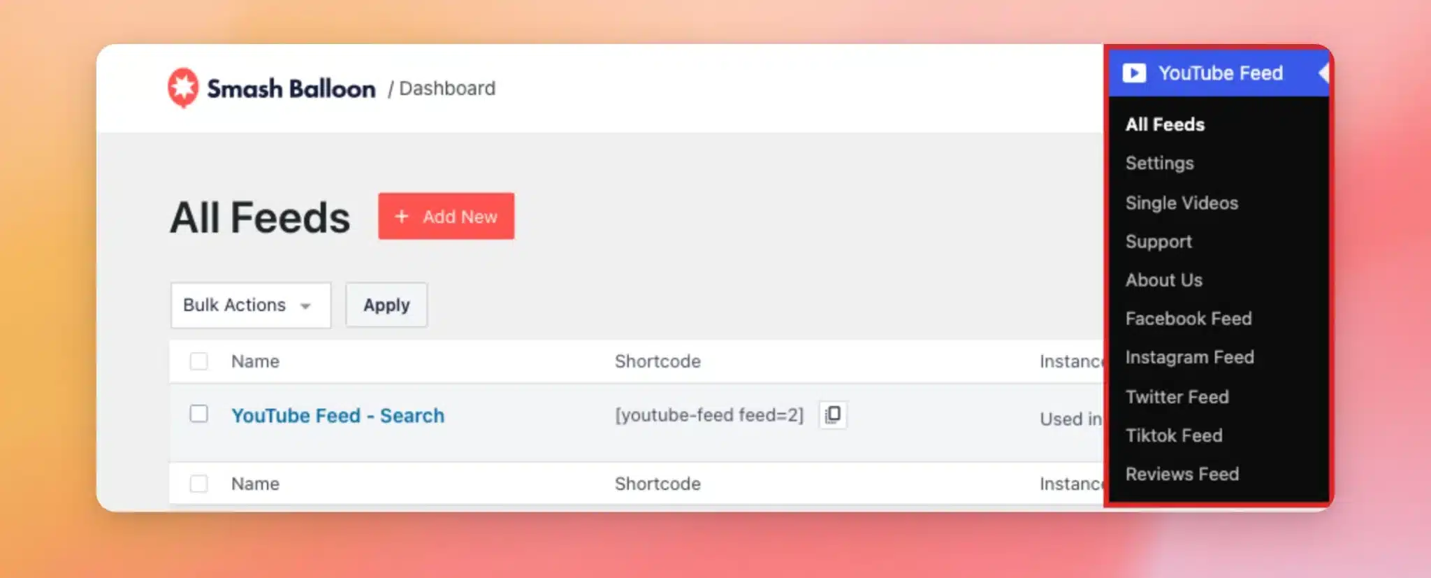 The WordPress admin menu with YouTube Feed then All Feeds selected