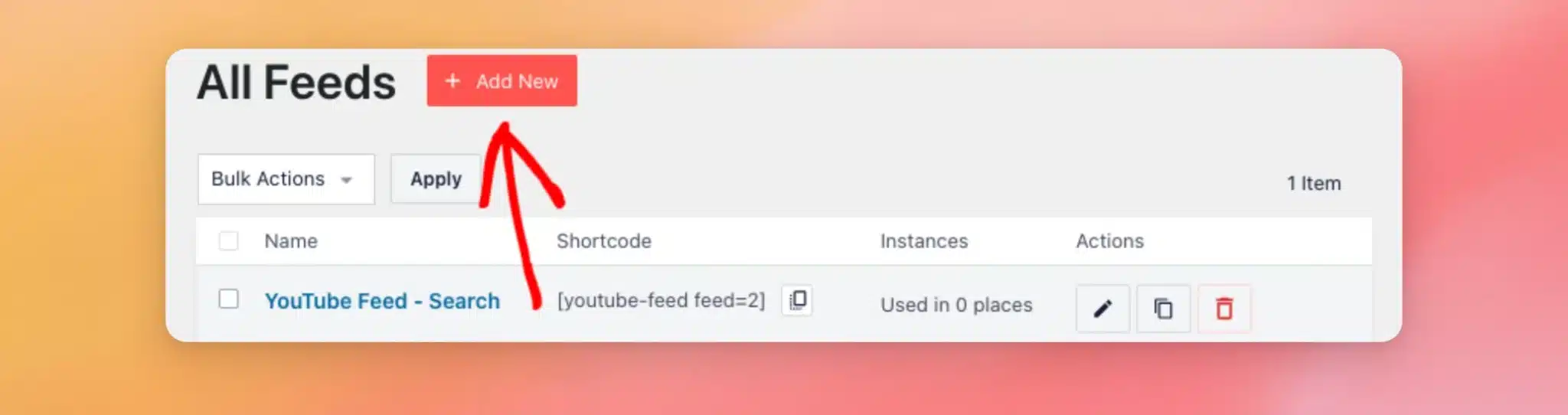 The All Feeds screen with an arrow pointing at the Add New button