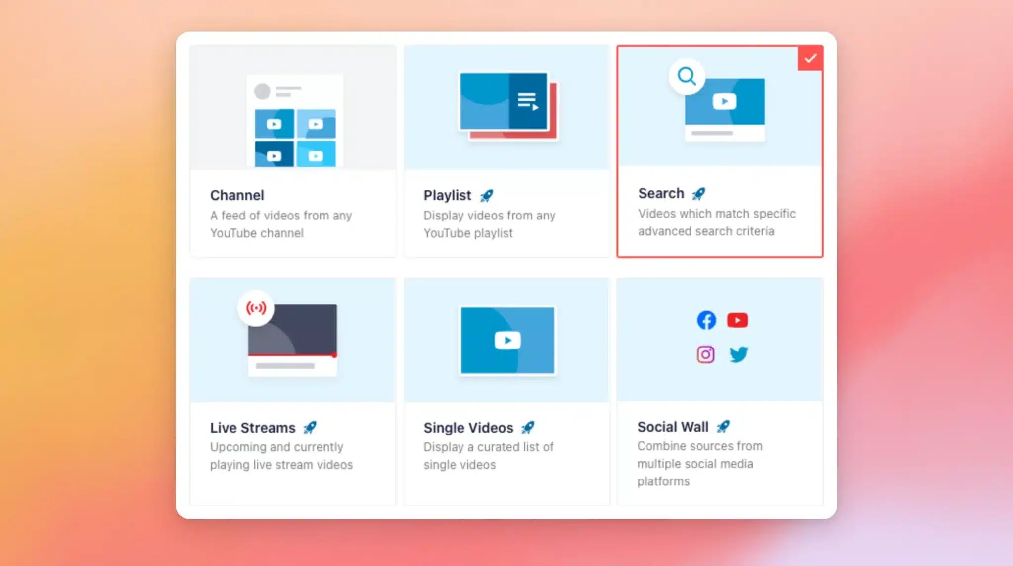 The Select Feed Type step with Search selected and a tick in its corner