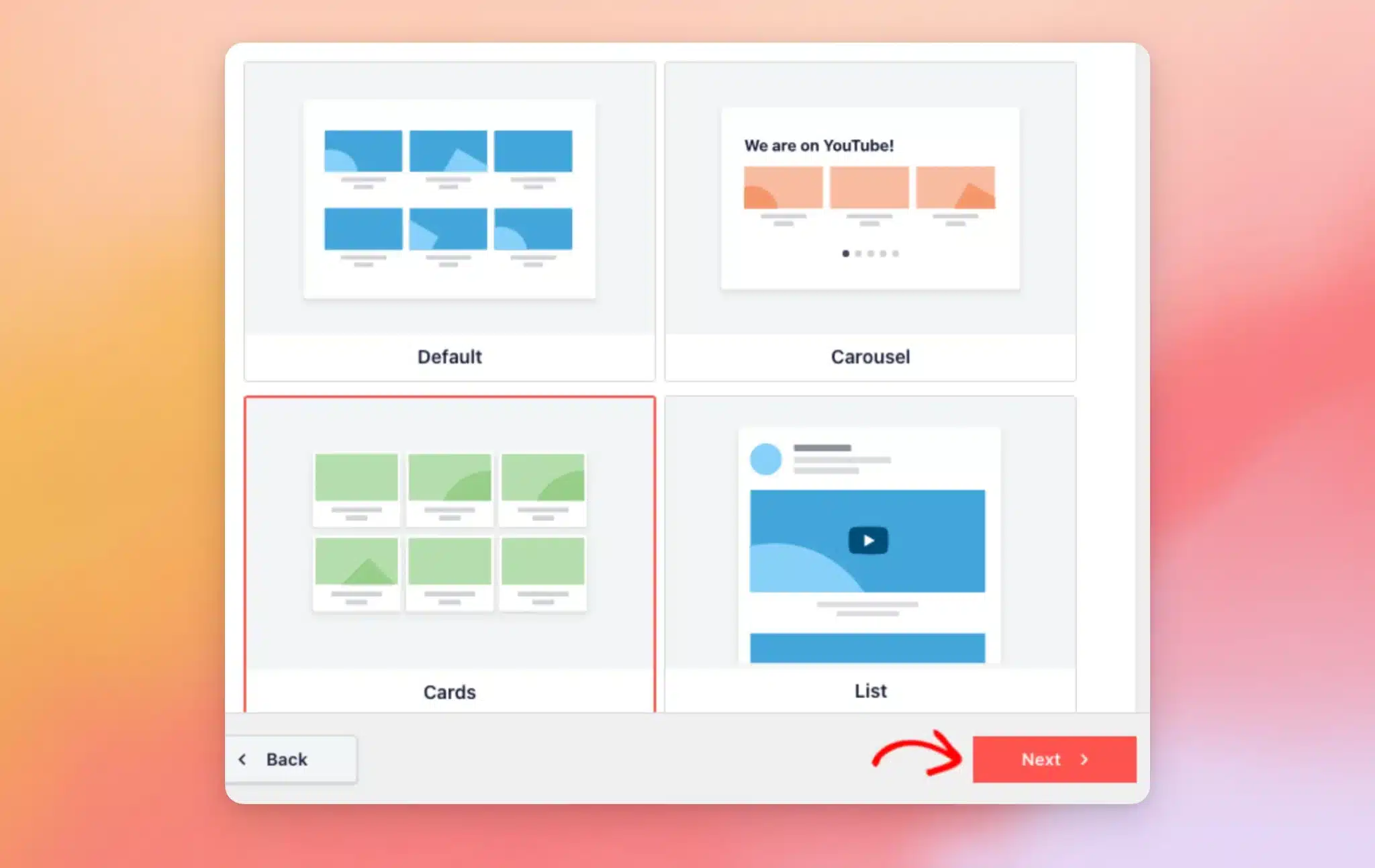 The template step with Cards selected and an arrow pointing at the Next button