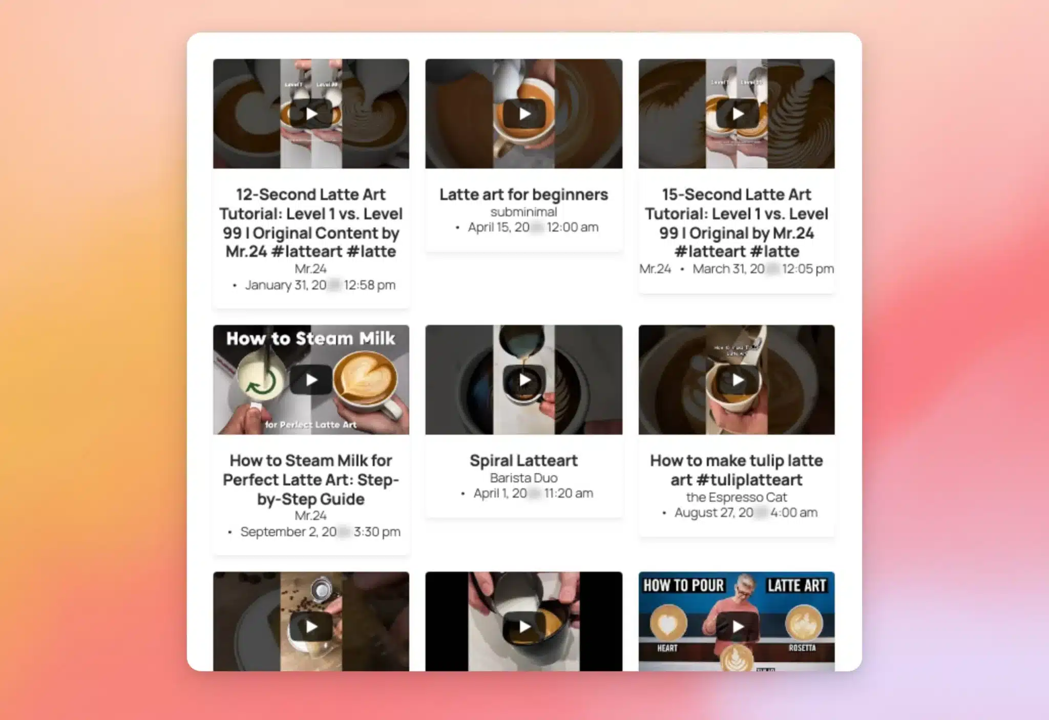 A published page showing the finished feed as a grid of latte art videos with titles and channel names