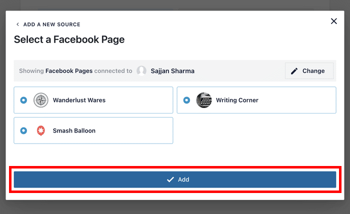 select facebook pages to add as events sources - Smash Balloon Selecciona páginas de Facebook para añadirlas como fuentes de eventos