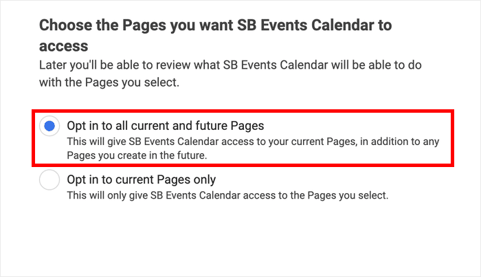 give your facebook app access to all future pages - Smash Balloon Otorga a tu aplicación de Facebook acceso a todas las páginas futuras