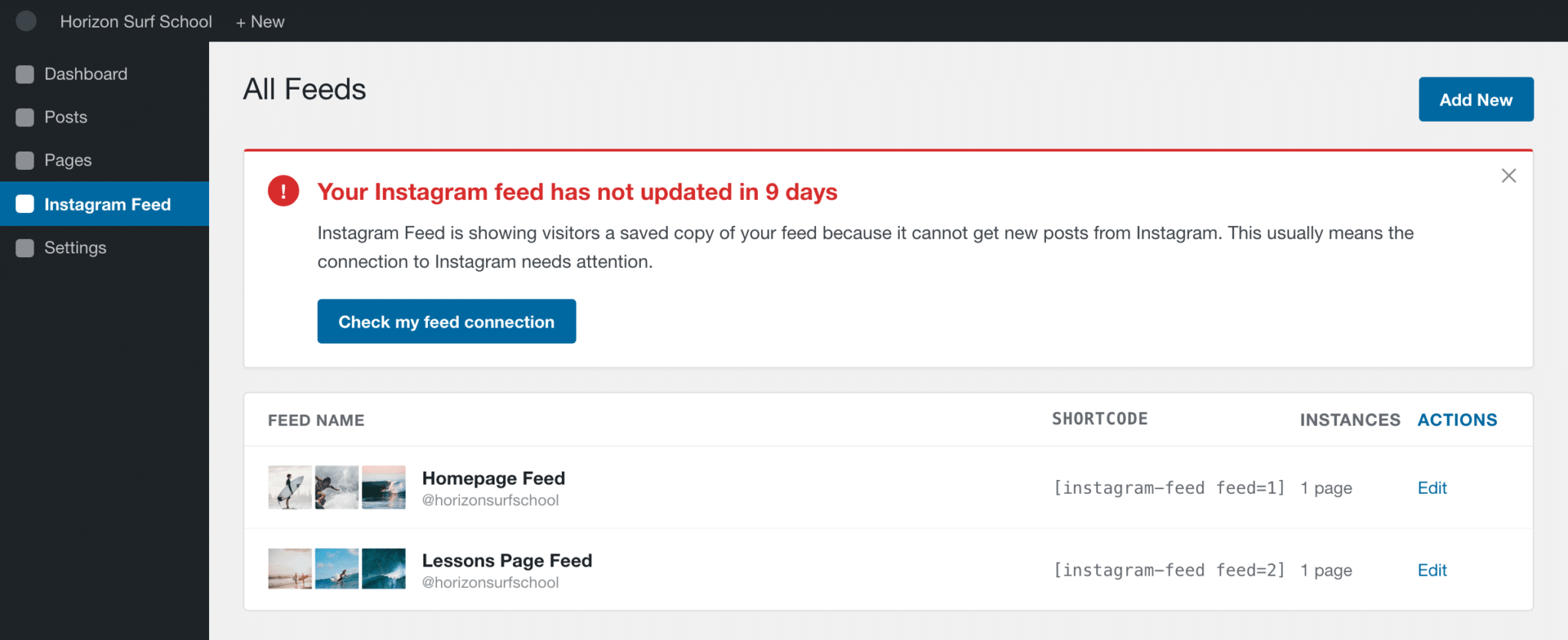 WordPress admin notice reading: Your Instagram feed has not updated in 9 days, with a Check my feed connection button