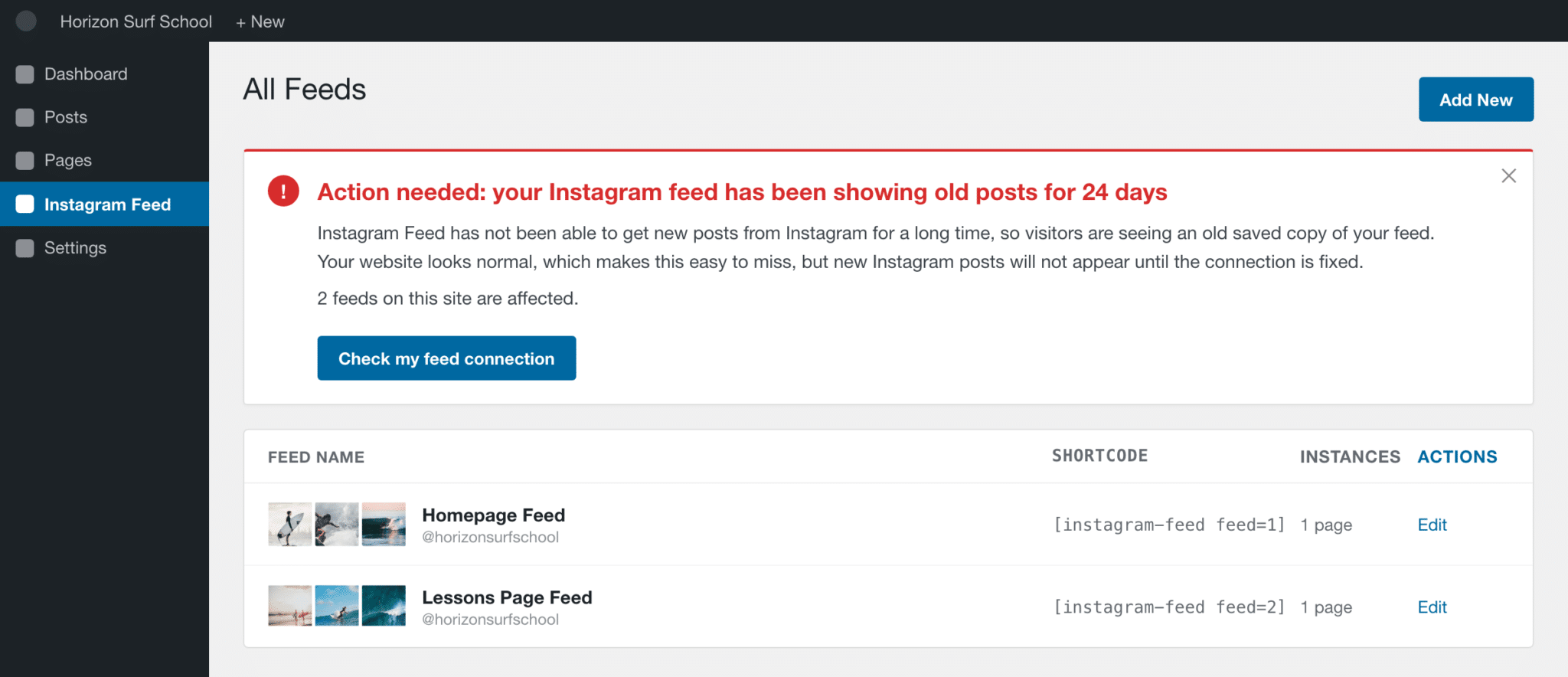 Escalated WordPress admin warning reading: Action needed, your Instagram feed has been showing old posts for 24 days