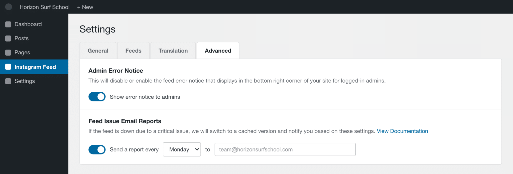 Feed Issue Email Reports setting in the Instagram Feed Advanced settings tab, showing a weekday selector and recipient email field