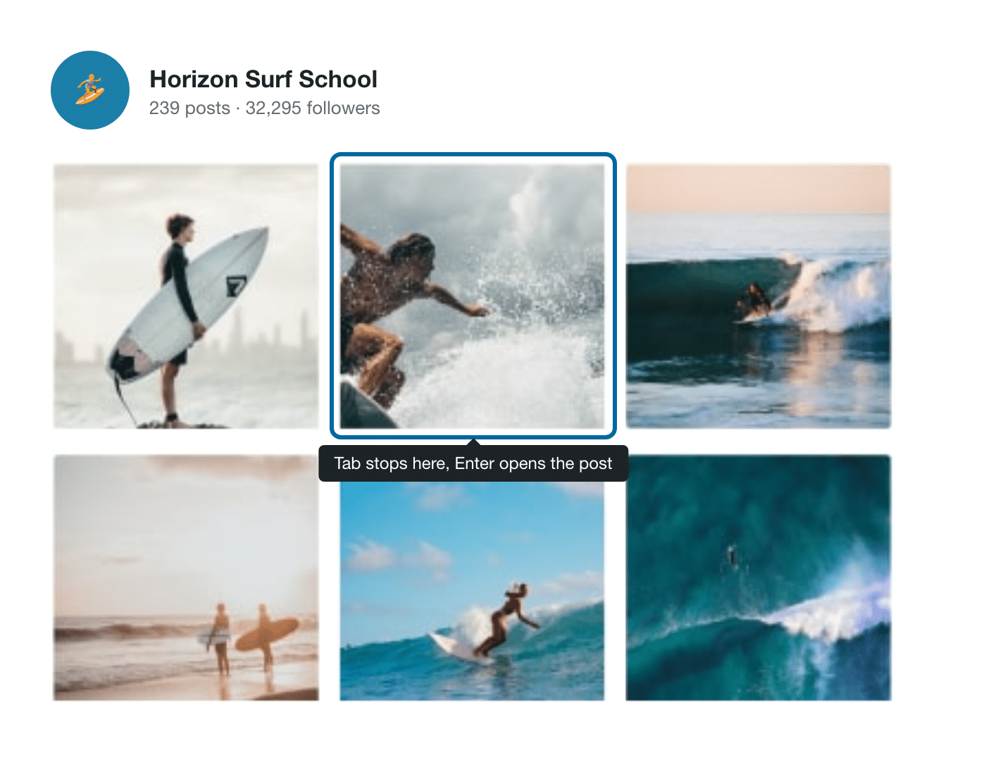 Instagram feed grid with a blue focus outline around the second post, labelled Tab stops here, Enter opens the post