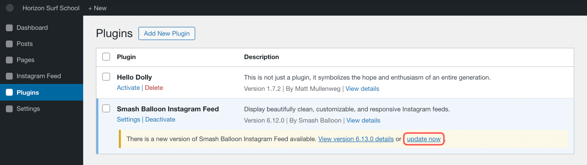 WordPress Plugins screen with the update now link highlighted for Smash Balloon Instagram Feed version 6.13.0