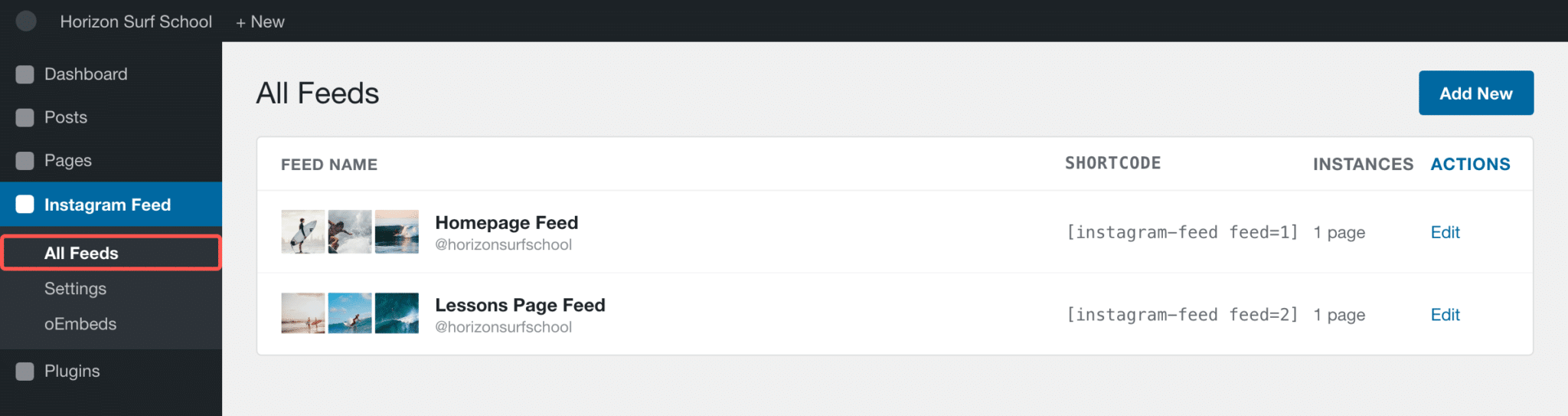 Instagram Feed All Feeds screen with no notice showing, the All Feeds menu item highlighted