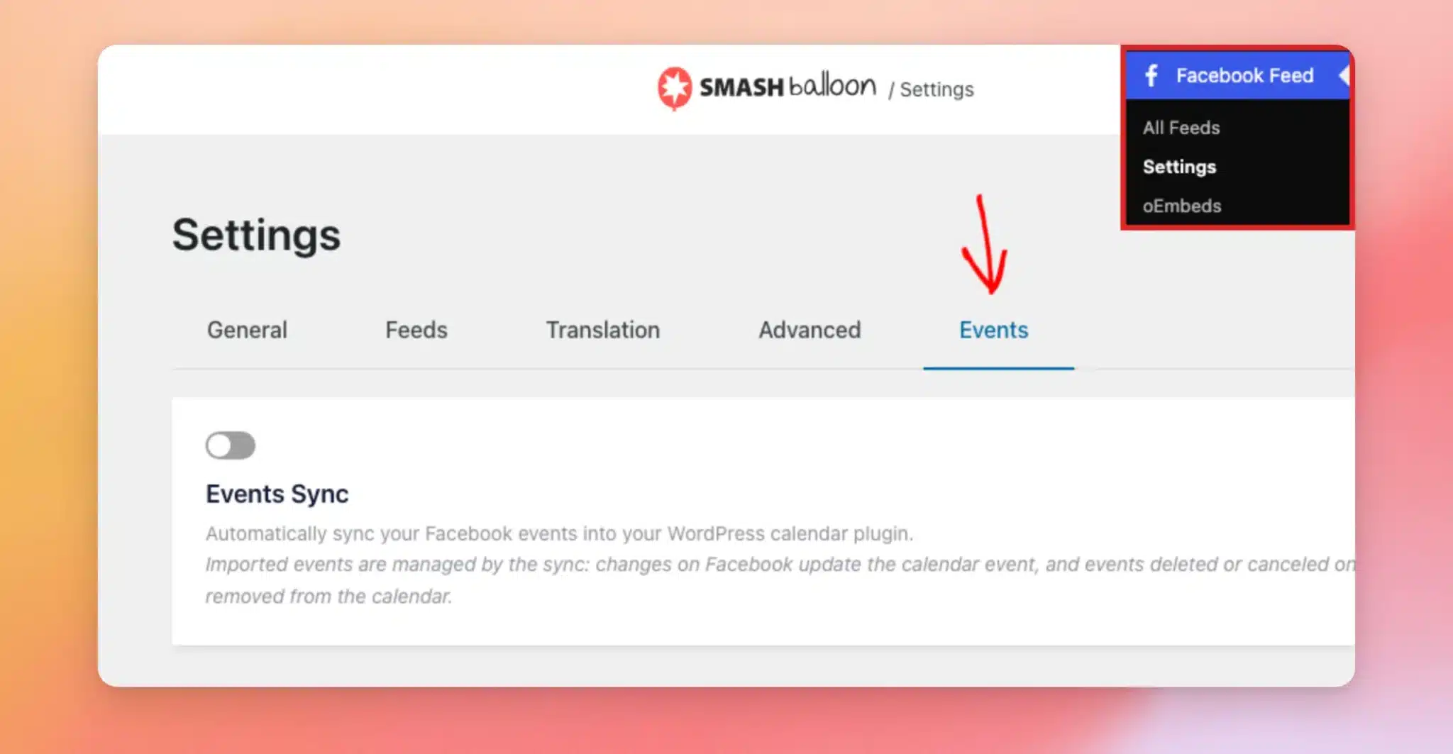 La página de configuración de «Custom Facebook Feed Pro» con la pestaña «Eventos» seleccionada y el botón de sincronización de eventos desactivado