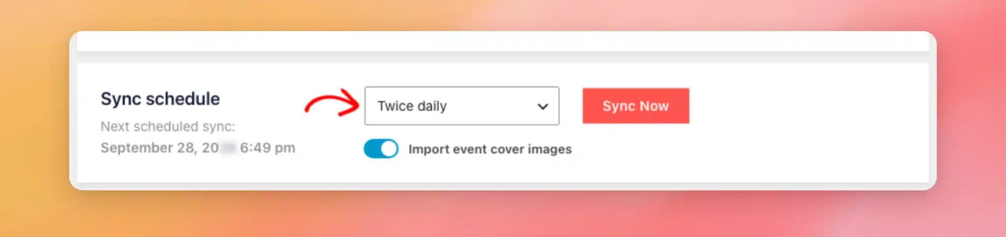 La sección «Programación de sincronización» está configurada en «Dos veces al día», con la opción «Importar imágenes de portada de eventos» activada