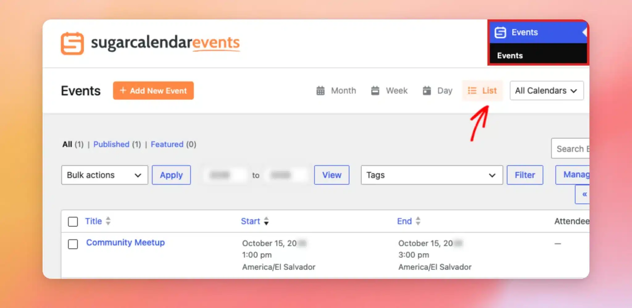 La página «Eventos» de Sugar Calendar en vista de lista, en la que se muestra un evento importado de Facebook con sus horas de inicio y fin