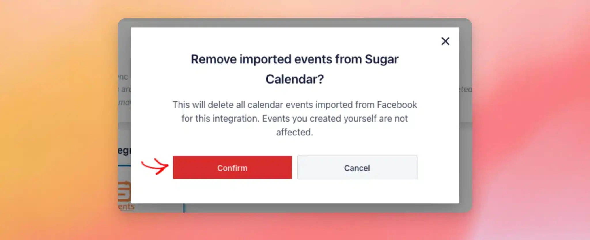 La ventana emergente de confirmación en la que se solicita eliminar los eventos importados del calendario de Sugar, con el botón «Confirmar»