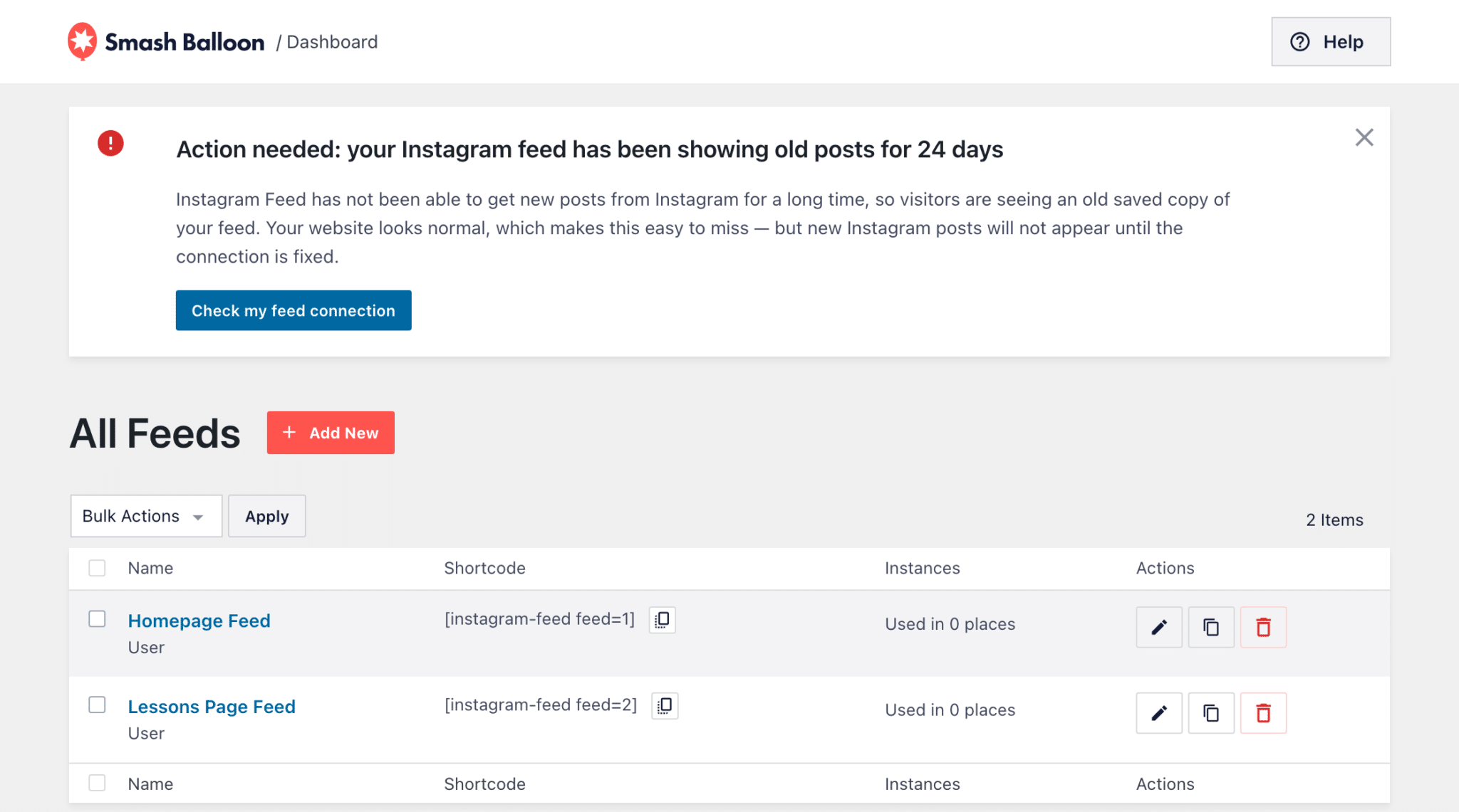 ig-6130-escalated-warning-1 - Smash Balloon Pantalla «Todas las publicaciones» del feed de Instagram con el aviso: «Acción necesaria: tu feed de Instagram lleva 24 días mostrando publicaciones antiguas».