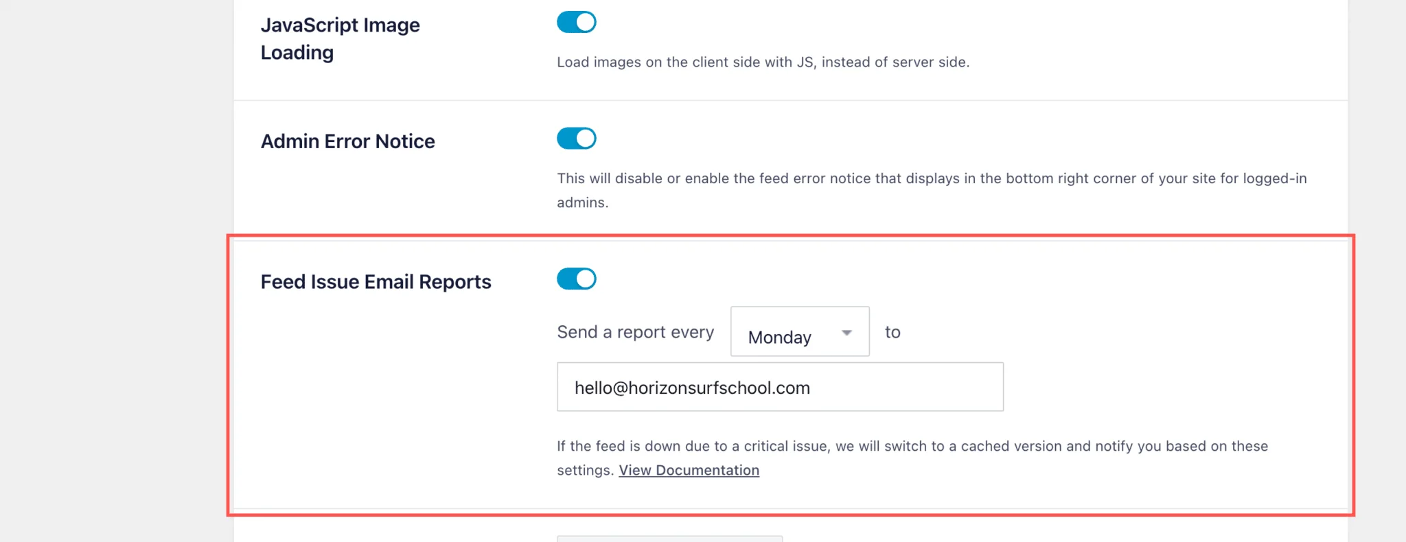 ig-6130-step-3-email-reports-1 - Smash Balloon Pestaña «Configuración avanzada» del feed de Instagram, con la casilla «Informes por correo electrónico sobre problemas del feed» resaltada
