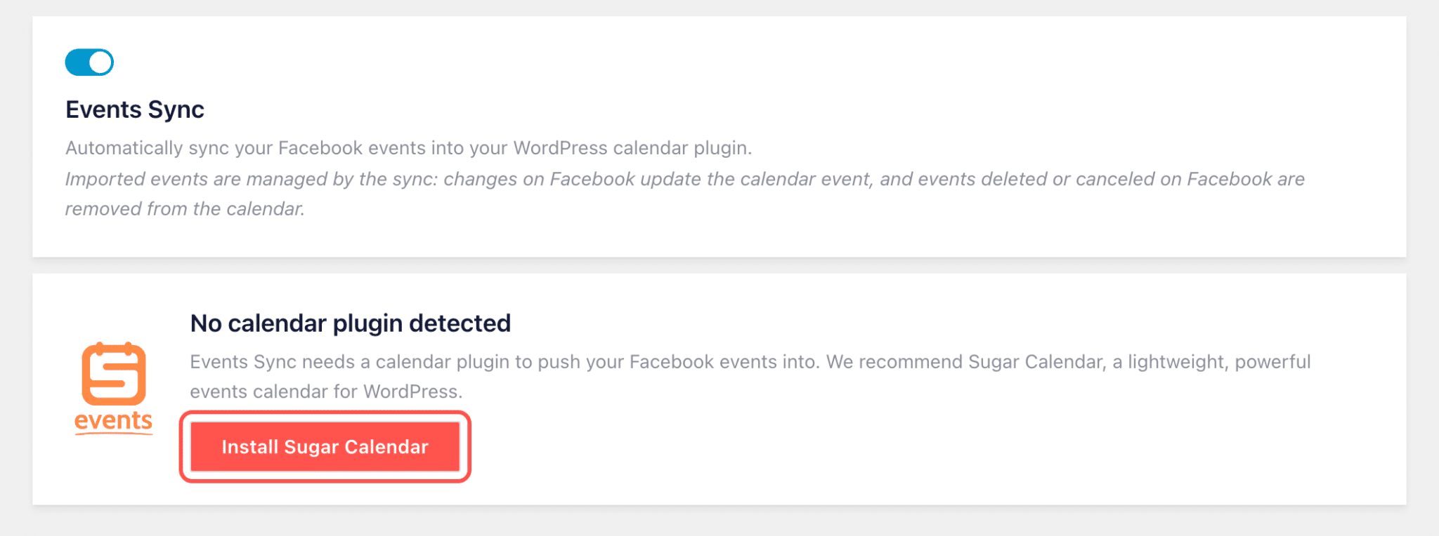 fb-4130-install-sugar-calendar-1 - Smash Balloon Auf der Registerkarte „Veranstaltungen“ von Facebook Feed Pro bei aktivierter Veranstaltungssynchronisierung wird die Meldung „Kein Kalender-Plugin erkannt“ angezeigt, und die Schaltfläche „Sugar Calendar installieren“ ist hervorgehoben.