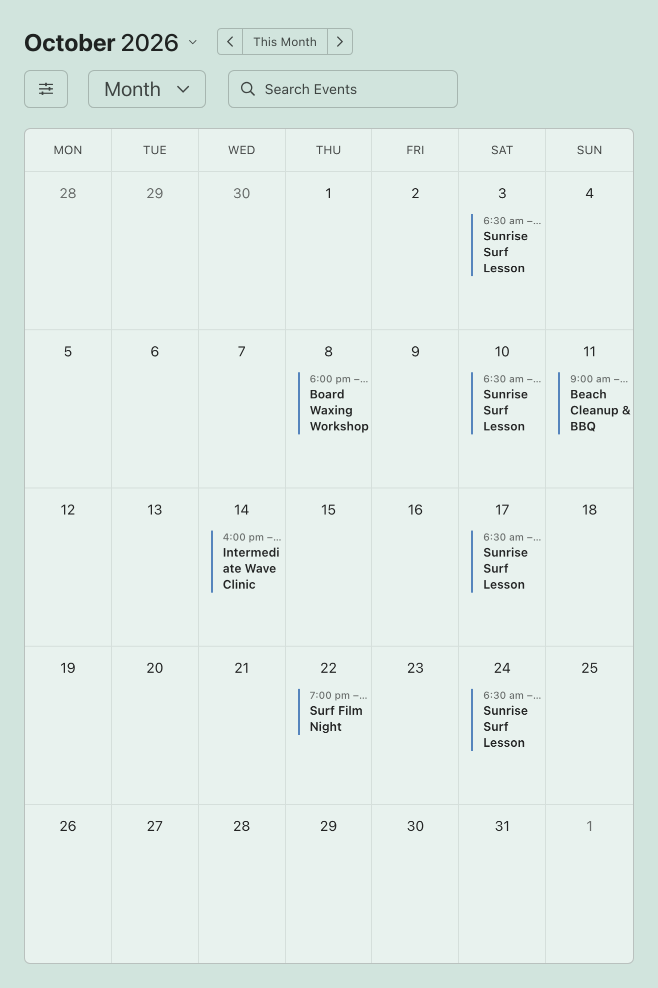 fb-4130-calendar-month-view-1 - Smash Balloon Der Zuckerkalender für Oktober 2026 auf der Website von „Horizon Surf School“, vollgepackt mit Veranstaltungen, die von Facebook synchronisiert wurden, darunter ein wöchentlicher Sonnenaufgangs-Surfkurs