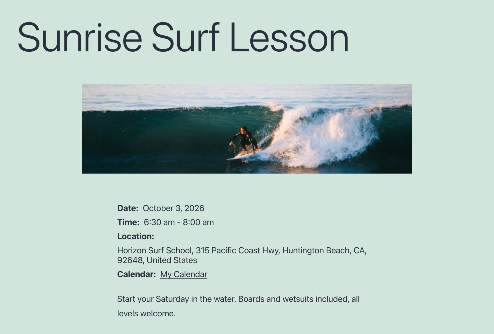 fb-4130-single-event-cover-image-1 - Smash Balloon Veranstaltungsseite zum „Sunrise Surf Lesson“-Event im Kalender der Website mit dem Facebook-Titelbild, Datum, Uhrzeit und Ort