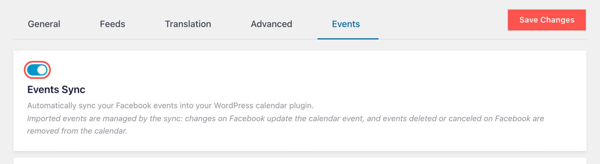 fb-4130-step-3-enable-events-sync-1 - Smash Balloon Registerkarte „Veranstaltungen“ in den Facebook-Feed-Einstellungen, wobei der Schalter „Veranstaltungen synchronisieren“ aktiviert und hervorgehoben ist