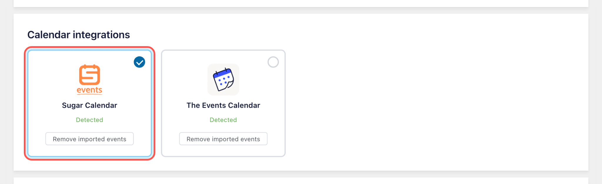 fb-4130-step-4-choose-calendar-1 - Smash Balloon Kalender-Integrationskarten in Facebook Feed Pro, wobei „Sugar Calendar“ ausgewählt und hervorgehoben ist und „The Events Calendar“ daneben angezeigt wird