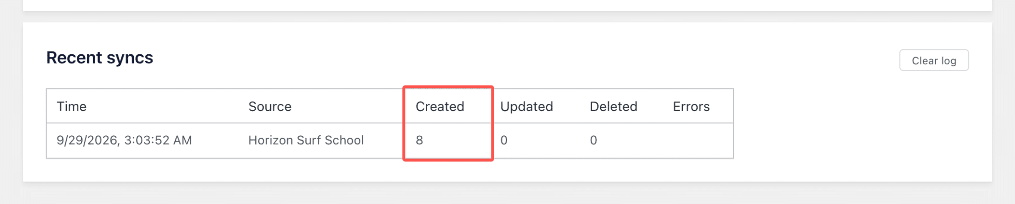 fb-4130-step-7-recent-syncs-1 - Smash Balloon Tabelle mit den letzten Synchronisierungen, in der 8 von der Horizon Surf School erstellte Veranstaltungen angezeigt werden, wobei die Spalte „Erstellt“ hervorgehoben ist