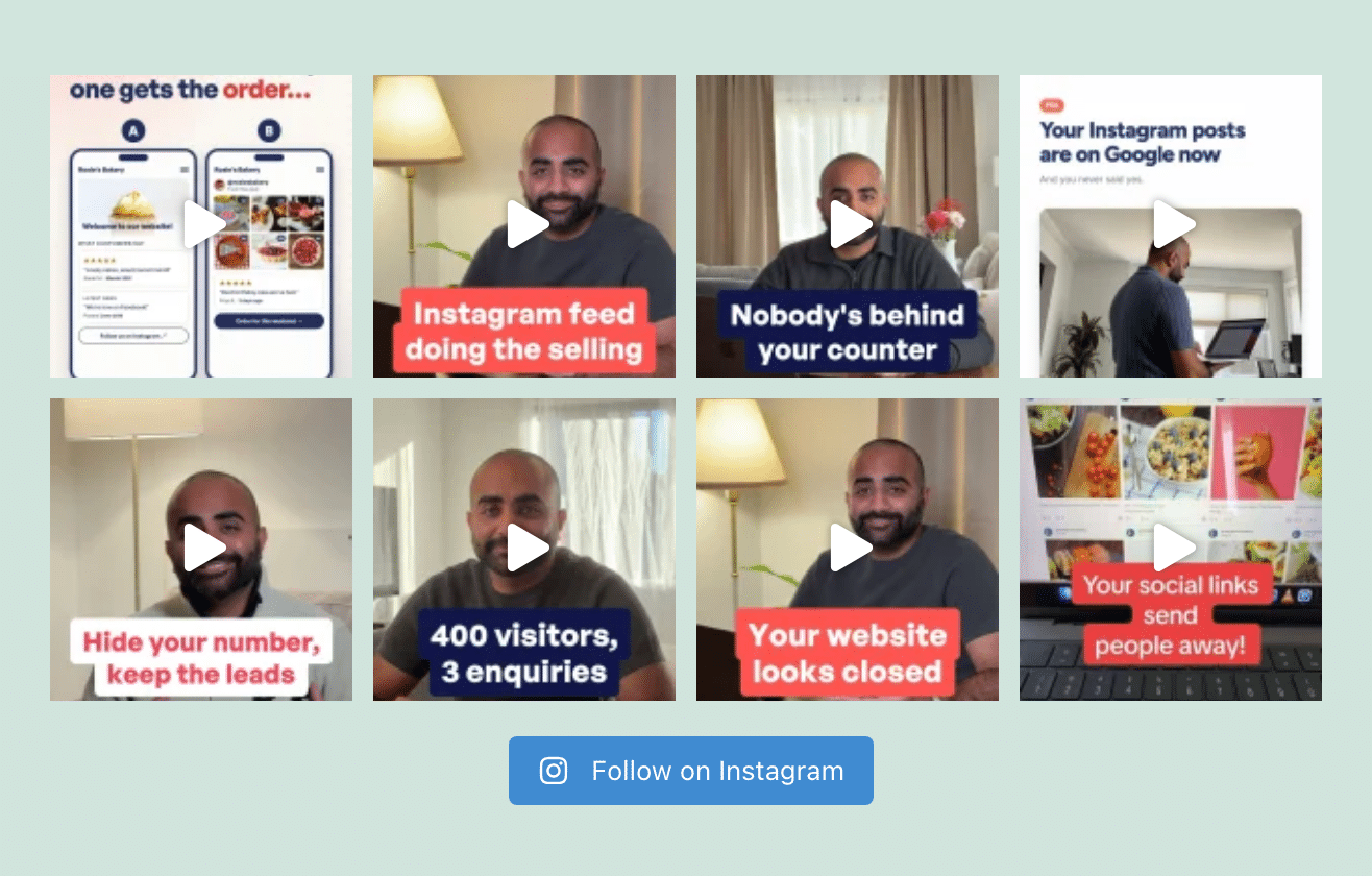 WordPressページ上のInstagramフィードには、Smash Balloonの動画投稿8件（うち7件はリール動画）が4列のグリッドで表示され、再生アイコンとInstagramでフォローするボタンが配置されている。