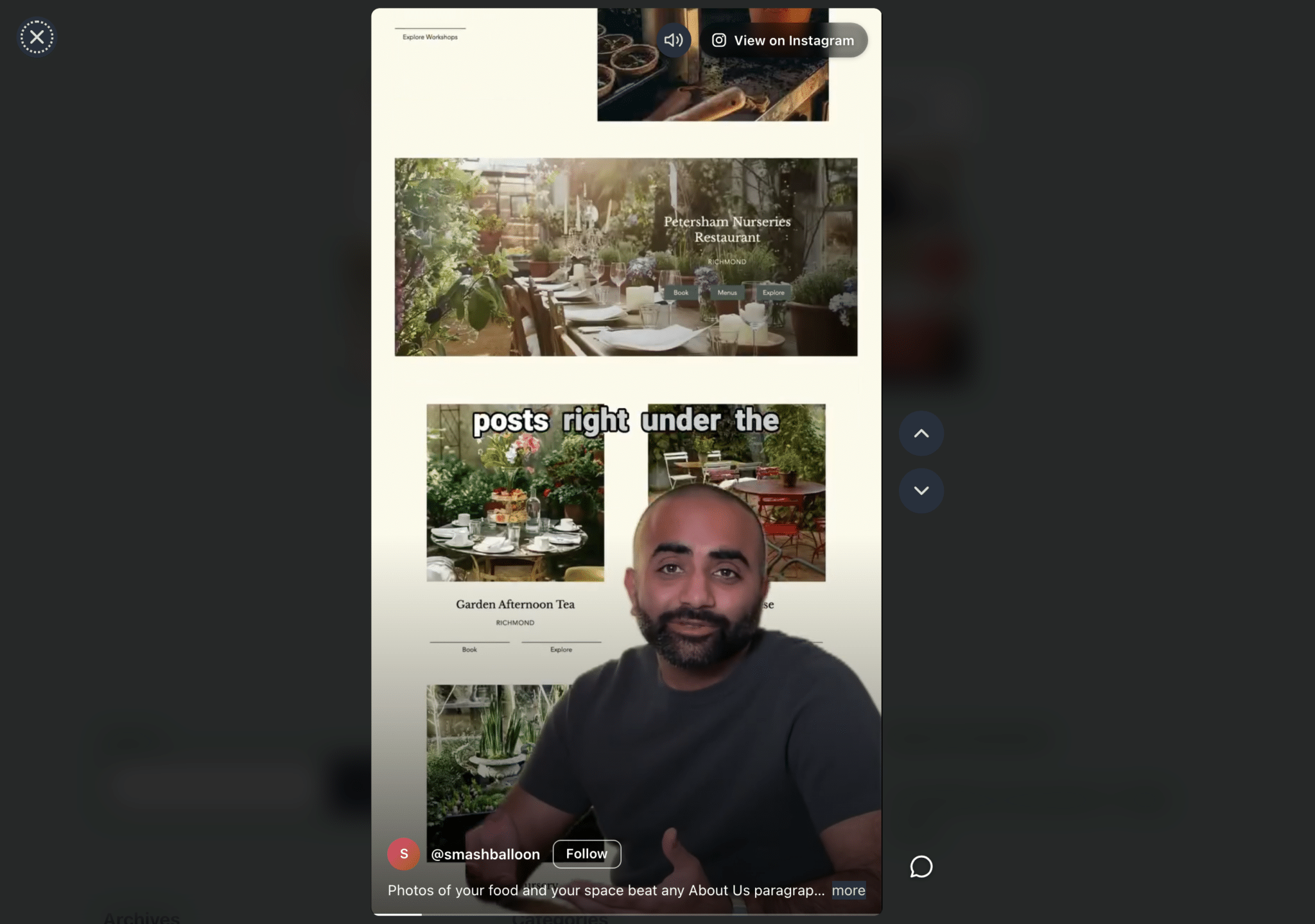 デスクトップブラウザでスワイプビューで全画面表示されるSmash Balloon Instagram Reel。上下の矢印でリール間を移動できます。