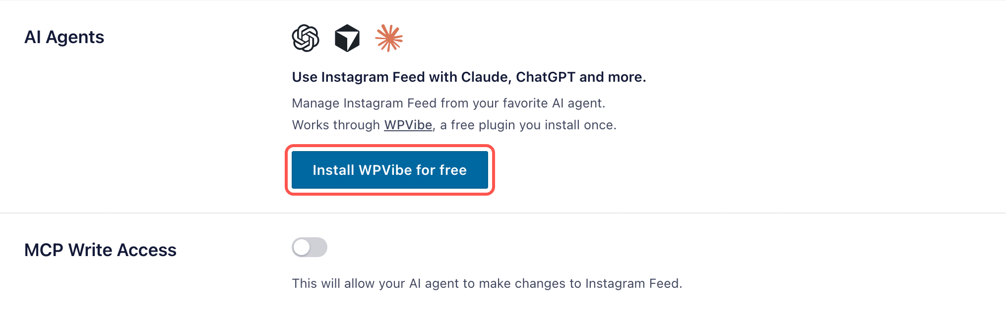 ig-6140-ai-agents-install-wpvibe - Smash Balloon AI Agents box in Instagram Feed Settings with ChatGPT, Cursor, and Claude icons and the Install WPVibe for free button highlighted