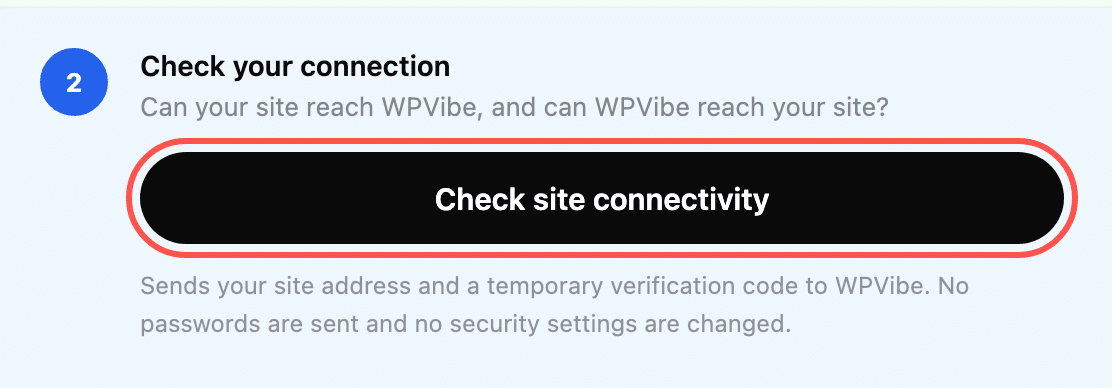 ig-6140-step-check-connectivity - Smash Balloon WPVibe setup checklist step 2, Check your connection, with the Check site connectivity button highlighted