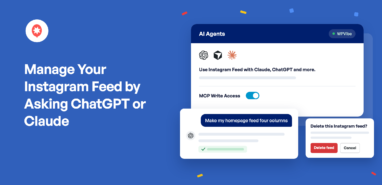 Titelbild: Einstellungskarte für Instagram Feed Pro AI Agents mit ChatGPT-, Cursor- und Claude-Symbolen sowie MCP-Schreibzugriff, ein ChatGPT-Chat mit der Anfrage, den Homepage-Feed in vier Spalten umzuwandeln, und die Bestätigung „Diesen Instagram-Feed löschen?“