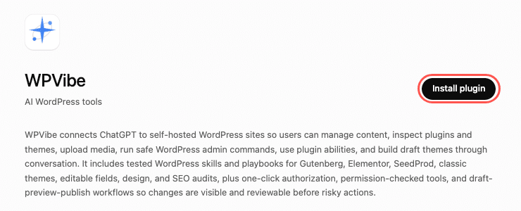 ig-6140-step-chatgpt-install-plugin - Smash Balloon WPVibe app page in ChatGPT, by SeedProd, with the Install plugin button highlighted