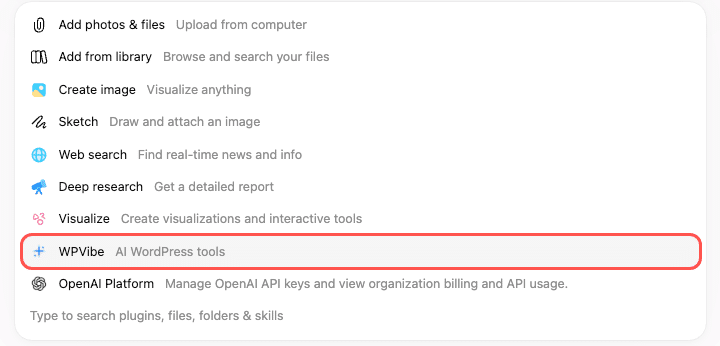 ig-6140-step-chatgpt-choose-wpvibe - Smash Balloon ChatGPT + menu in the message box with the WPVibe AI WordPress tools option highlighted
